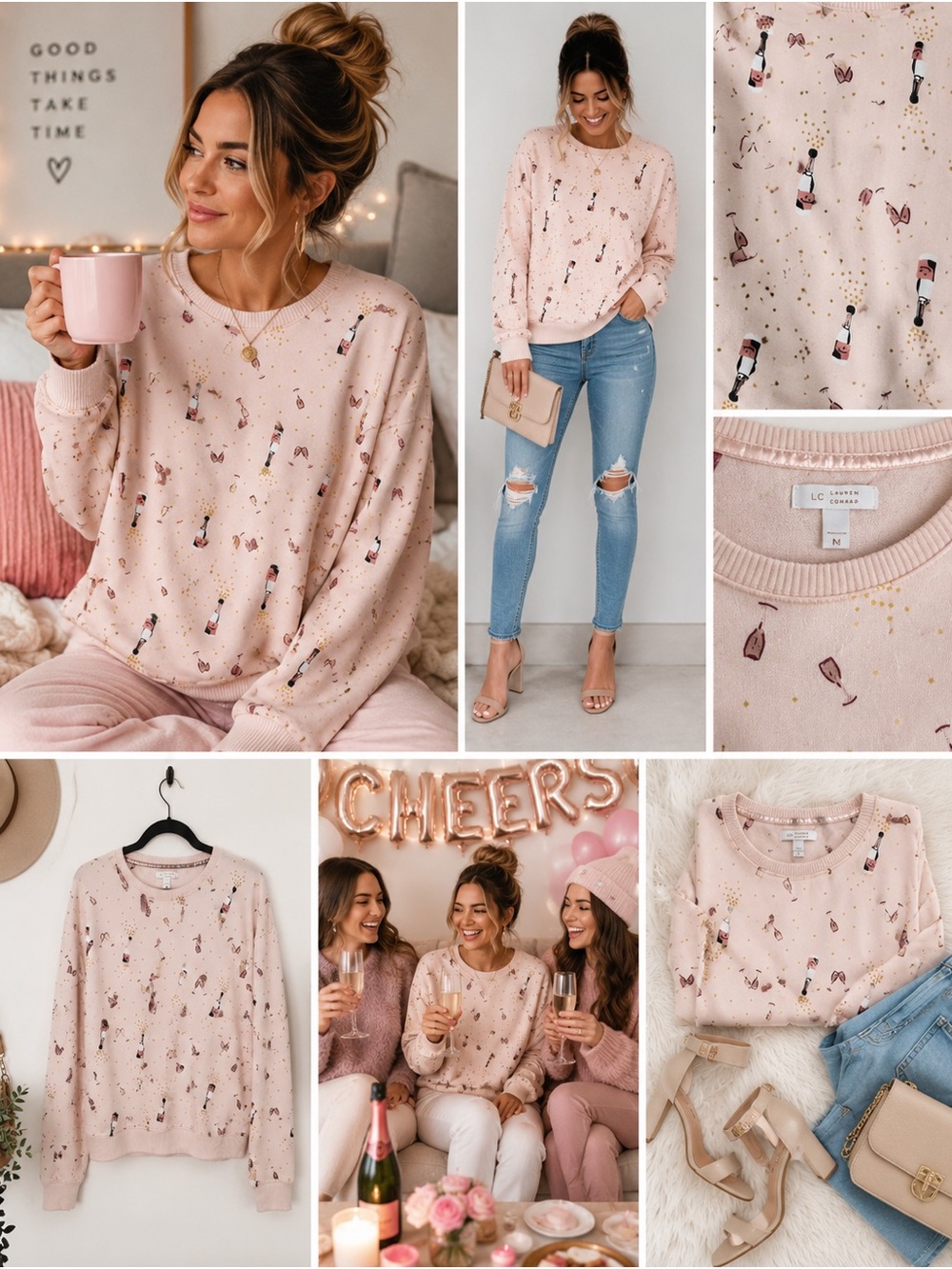 LC Lauren Conrad Crewneck Sweatshirt Medium Blush Pink Coquette Champagne Brunch